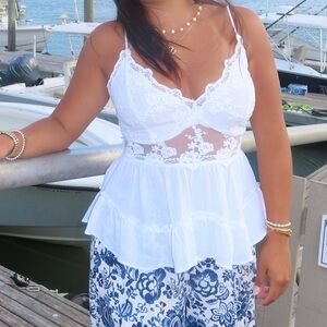 Francesca's Collections Blue Rain White Lace Top
